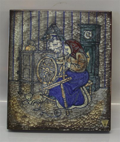 Danish Art Pottery Michael Andersen 6373 Relief with old woman working 35 x 30,5 cm MS Marianne Starck
