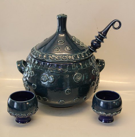 Løg formet Wiinblad Rosenthal Punch Bowle Blåglaseret Stentøj med øse og 12 kopper