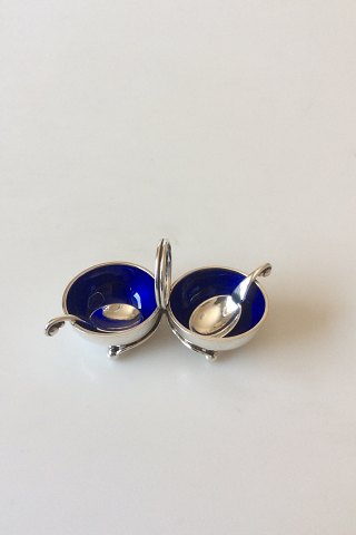 Georg Jensen Sterling Silver/Blue Enamel Double Salt Dish No 862 with two Salt Spoons No  110