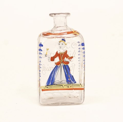 Lille emaljedekoreret  karaffel. Tyskland 
1700-tallet. Bagside med inskription. H: 14cm