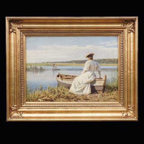 N. F. Schiøttz-Jensen, 1855-1941: Woman at boat. 
Oil on canvas. Signed and dated 1896. Visible 
size: 34x47cm. With frame: 54x67cm
