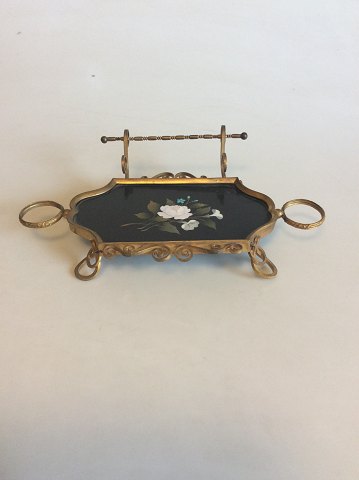 Old writing set ?. Made of brass and polished slate with floral decoration of colored stones.