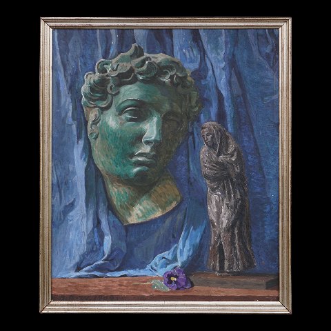 Jan Bjørn Willumsen, 1891-1964: Opstilling med 
buste, figur og blomst. Signeret og dateret 1909. 
Lysmål: 62x50cm. Med ramme: 67x55cm