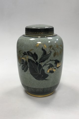 Royal Copenhagen Green Cracle Glaze Lidded Vase/Urn with Flower decoration with Gold No 5010/888