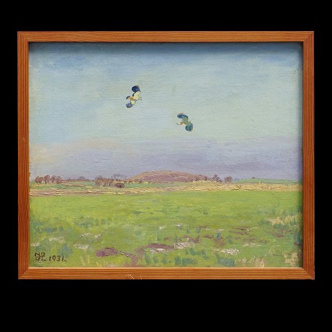 Johannes Larsen 1867-1961, oil on canvas. 
Landscape with lapwings. Signed and dated 1931. 
Visibel size: 46x55cm. With frame: 59x68cm