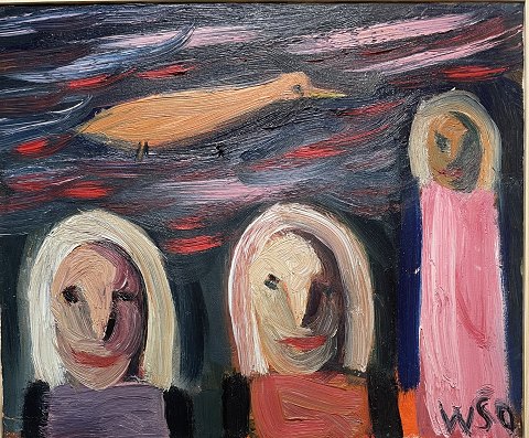 Olie maleri på lærred, monteret i ny natur ramme i lys træ, maleriet er netop 
renset hos konservator.