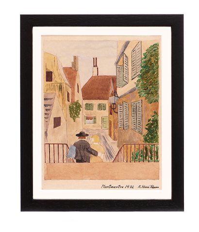 Storm P akvarel. Robert Storm Petersen, 1882-1949, 
akvarel, signeret "Montmartre 1932". Lysmål: 
26x20cm. Med ramme: 33x27cm
