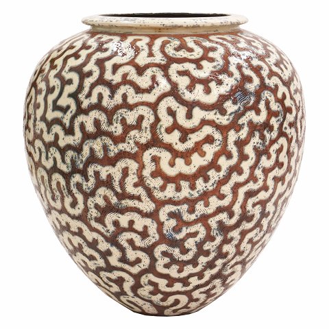 Large Per Weiss, Denmark, stoneware glazed vase 
with organic patterns. Signed. H: 63cm. D: 63cm
