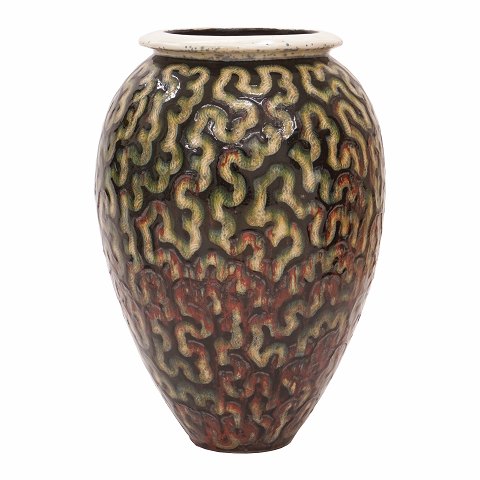 Large Per Weiss, Denmark, stoneware glazed vase 
with organic patterns. Signed. H: 65cm. D: 44cm