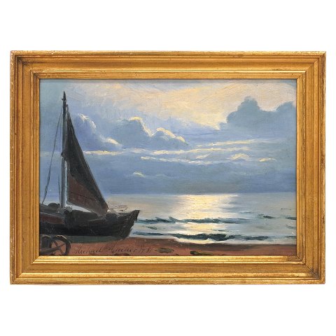 Michael Ancher Skagen. Michael Ancher, 1849-1927, 
olie på plade. Motiv fra Skagen strand. Signeret 
og dateret "Michael Ancher 5/7 81". Lysmål: 
22x33cm. Med ramme: 29x40cm