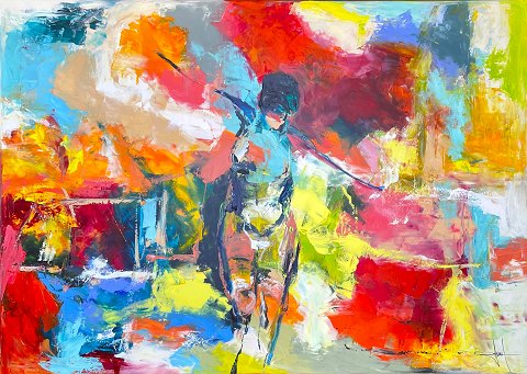 "Komposition" flot maleri i massiv egetræs svæveramme.