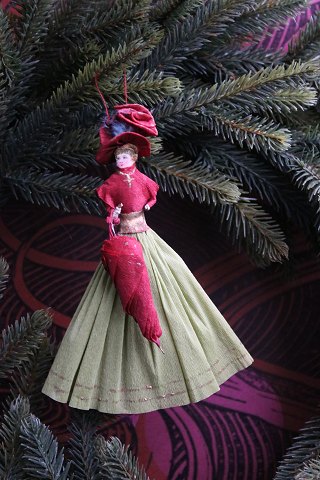 Old Christmas tree ornament, nice lady with umbrella made of colored crepe 
paper...