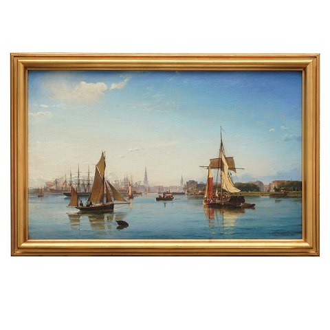 C. F. Sørensen painting. Carl Frederik Sørensen, 
1818-79, oil on canvas. Signed and dated 1863. The 
port of Copenhagen. Very nice condition. Visible 
size: 78x123cm. With frame: 95x140cm