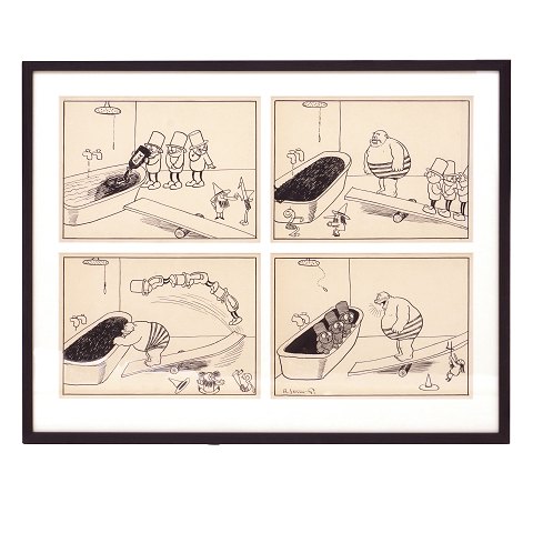 Storm P. Tegning. Robert Storm Petersen, 
1882-1949, blyant og tusch. Fire originaltegninger 
bragt i "Verden og Vi" 1913-16, hvor "De Tre Små 
Mænd" og "Nummermanden" blev introduceret. Hver 
tegning måler ca. 20x27cm. Mål med ramme: 52x65cm