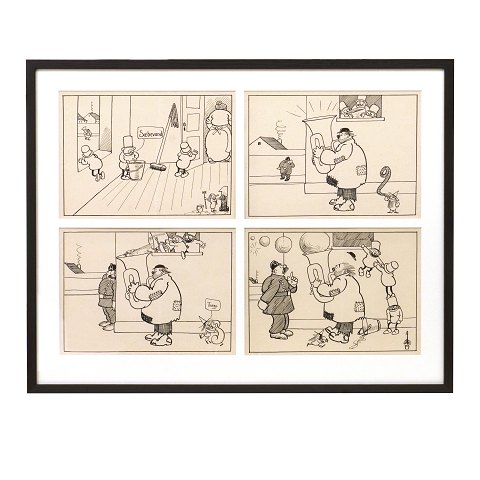 Storm P. Tegning. Robert Storm Petersen, 
1882-1949, blyant og tusch. Fire originaltegninger 
bragt i "Verden og Vi" 1913-16, hvor "De Tre Små 
Mænd" og "Nummermanden" blev introduceret. Hver 
tegning måler ca. 20x27cm. Mål med ramme: 52x65cm