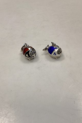Norwegian Sterling Silver Salt & Pepper Set red and blue enamel fish