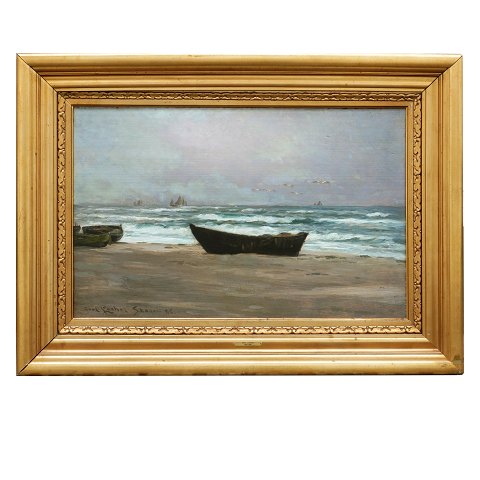 Carl Locher, 1851-1915, oil on wood. Storm at 
Skagen beach 1886. Signed and dated. Visible size: 
47x75cm. With frame: 71x99cm