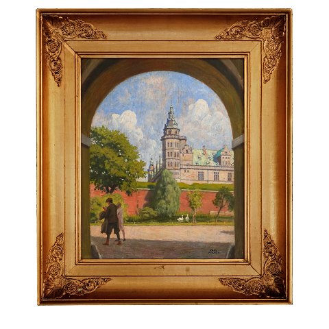 Paul Fischer painting. Paul Fischer, 1860-1934, 
oil on plate. View at Kronborg Castle, Copenhagen. 
Signed Paul Fischer. Visible size: 38x31cm. With 
frame: 55x48cm