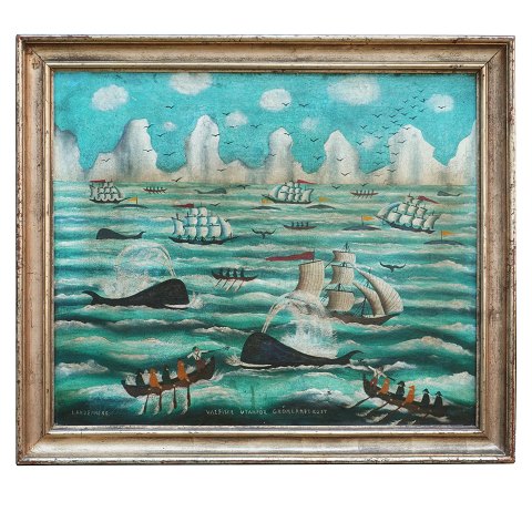 Parti med hvalfangere ud for Grønlands kyst, olie 
på lærred Signeret og dateret "Landenne 55" (år 
1855). Betitlet "Valfiske Utanför Grönlands-Kust". 
Lysmål: 61x72cm. Med ramme: 72x83cm