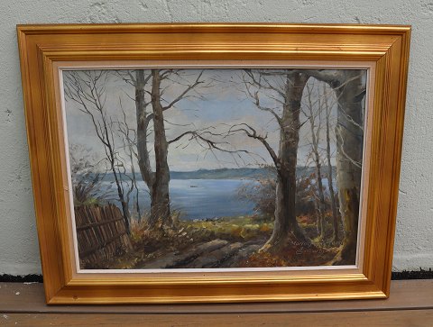 Maleri Olie på lærred: Mariagerfjord signeret E. Thorbjørn 67 x 87 cm inklusiv 
guldramme