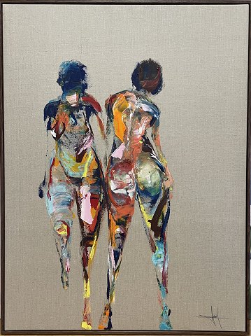 "Komposition" Akryl maleri i massiv egetræs svæveramme fra bogø Design.