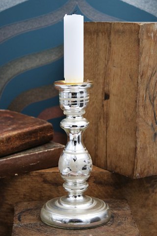 Antique, 19th century candlestick in mouth-blown Mercury Glass with etched floral motif. H: 16.5cm.