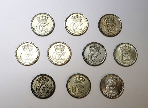 Danmark. Christian X. 10 styk sølv 10 øre. Sælges samlet