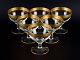 Rimpler Kristall, Zwiesel, Germany, six mouth-blown crystal champagne glasses with gold rim decorated with grapes and vine leaves.