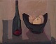 Sven Johansson  (1916-1990), Swedish artist, oil on board. Modernist still life with bottle and fruit basket.