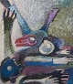 Maj Hemberg, Swedish artist, oil on board. Abstract composition. Colorful palette. Painted with thick brushstrokes.