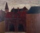 Peder Brøndum Sørensen (1931-2003), Danish painter, oil on board."Dark Houses".