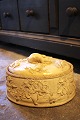 Really decorative, antique pate mold in terracotta decorated with a rabbit on 
top, ducks, rabbits and vines with grapes.