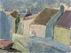 Pierre Forssell (1925-2004), listed Swedish designer and painter.Oil on canvas.Modernist landscape with houses.