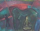 L'Art presents: Modernist circus scene, oil on board, Danish artist.