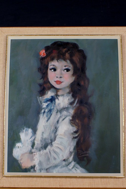 Here you are offered an oil painting on canvas. Portrait of a girl with long hair.Signed: Maletter, Dutch artist, c. 1960.