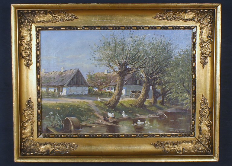 S. Fischer, Danish artist, early 20 c. Idyllic Danish landscape with thatched farmhouse.