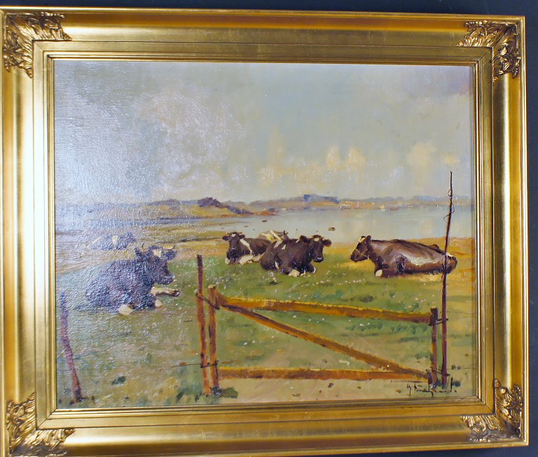 Gunnar Bundgaard (born Aalborg 1920, died 2005): Cows on the field. Signed : G. Bundgaard. Oil on canvas.