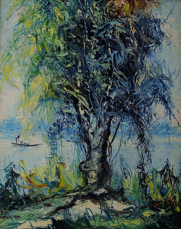 Tropical landscape with river. Oil on board.