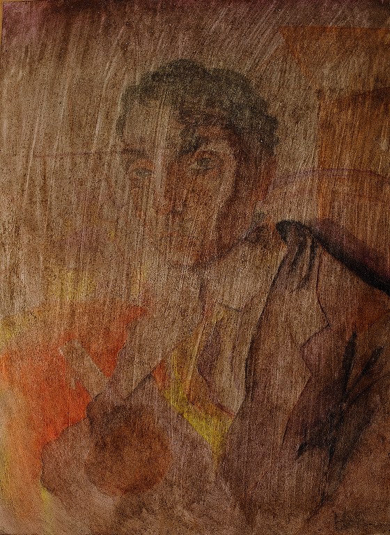 Art deco herreportræt, akvarel på papir klæbet på træplade.
