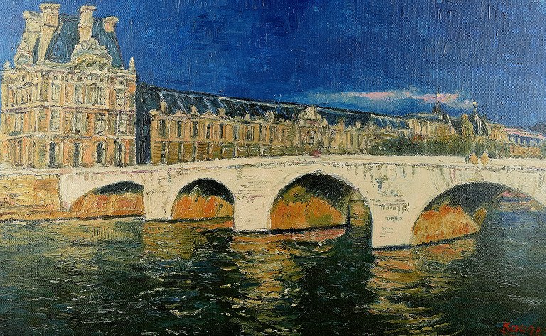 Byparti med flod, olie på lærred.