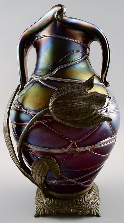 Art Nouveau art glass vase with bronze mounting.Approximately 1900.