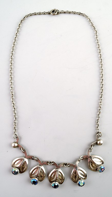 Hermann Siersbøl, Kastrup. Danish design sterling silver necklace with blue stones in modern design.
