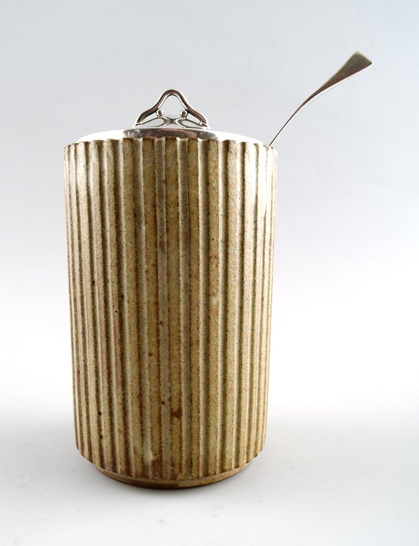Arne Bang, Hans Hansen and Rey Urban, Pottery jam jar with matching sterling silver lid and silver spoon.