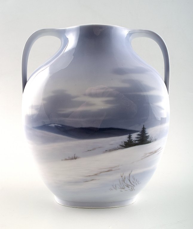 Royal Copenhagen Art Nouveau vase decorated with winter landscape. Rare form.