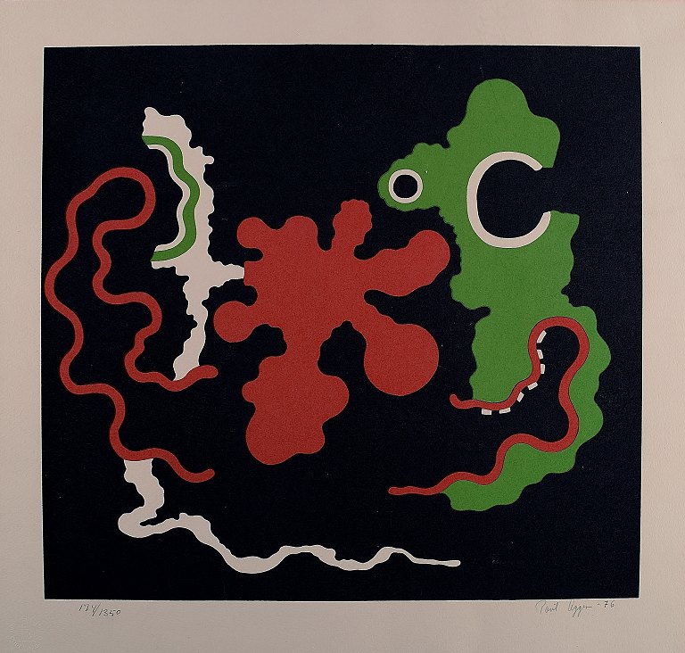 Poul Agger: f. København 1936. Signeret Poul Agger 76, nr. 174/1350. litografi i farver. Bladstørrelse 48 x 50 cm.