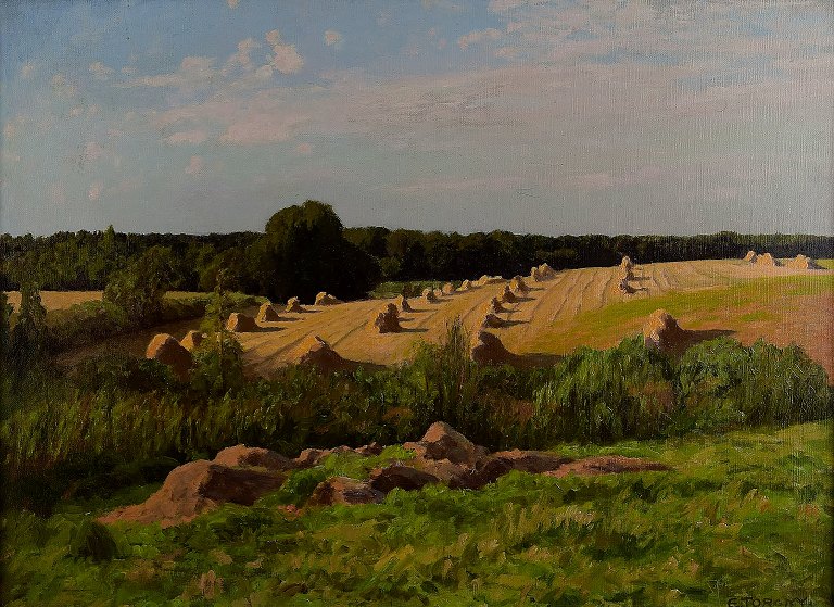 E. Torgny, Danish artist.Danish summer harvest evening, landscape, oil painting.