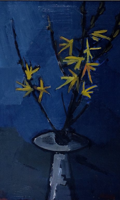 Stig Delang, Swedish artist, "Forsythia" Oil on board.