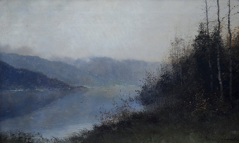 Fog Landscape by Ludvig Skramstad (1855-1912) Swedish artist.Oil on canvas.