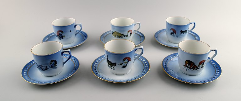 Royal Copenhagen og B&G (Bing & Grøndahl) 6 personers kaffeservice, Juleservice, Harald Wiberg. 6 kaffekopper, 6 underkopper.