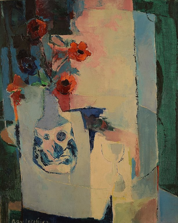 Ray Letellier, French artist "Les Anémones".Still Life with flowers in a vase and a wine glas, oil on canvas.
